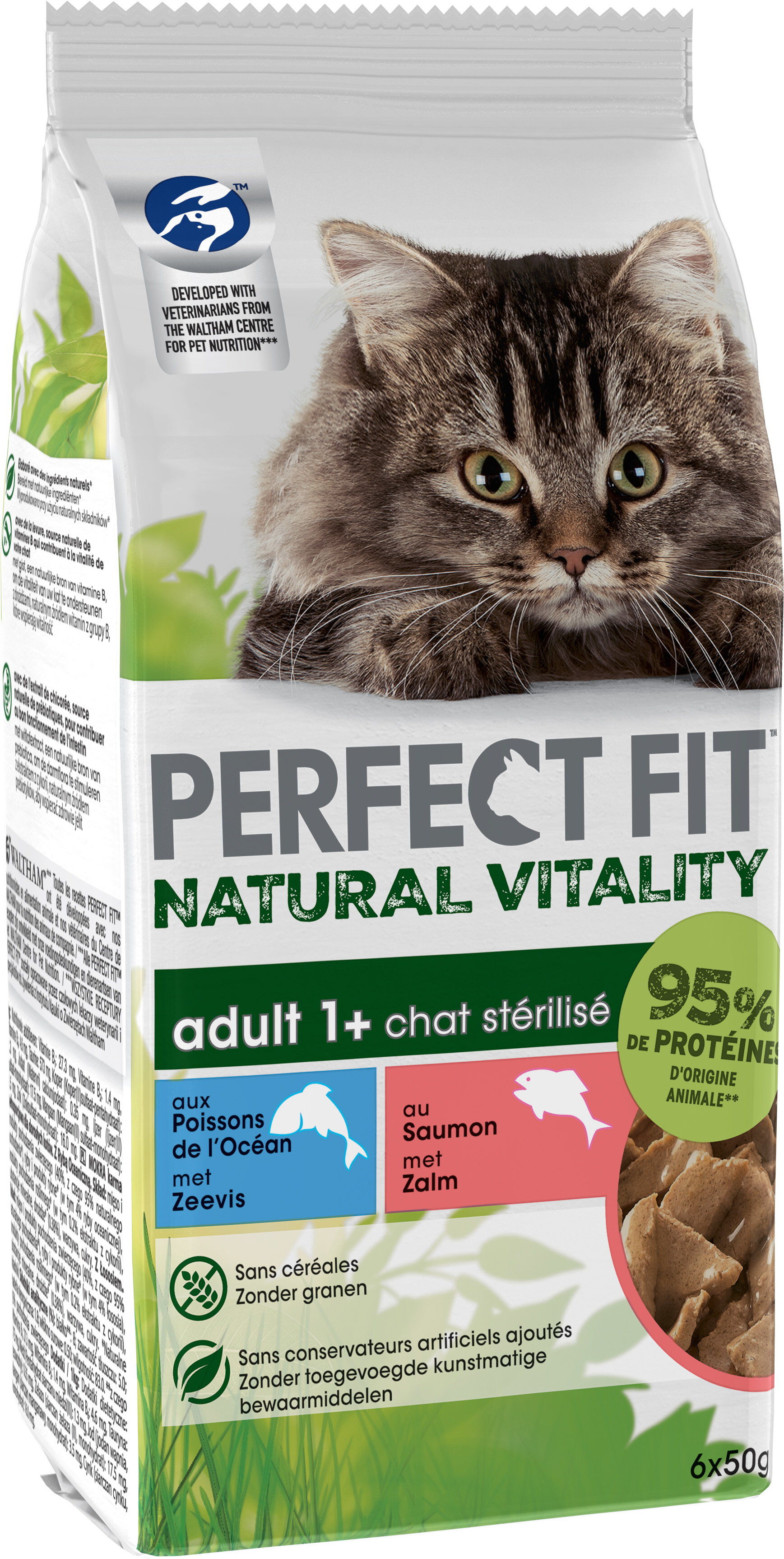Perfect Fit - Sachets Fra&icirc;cheur Natural Vitality au Saumon et Poissons de l' Oc&eacute;an pour Chat St&eacute;rilis&eacute; - 6x50g Image num&eacute;ro 1
