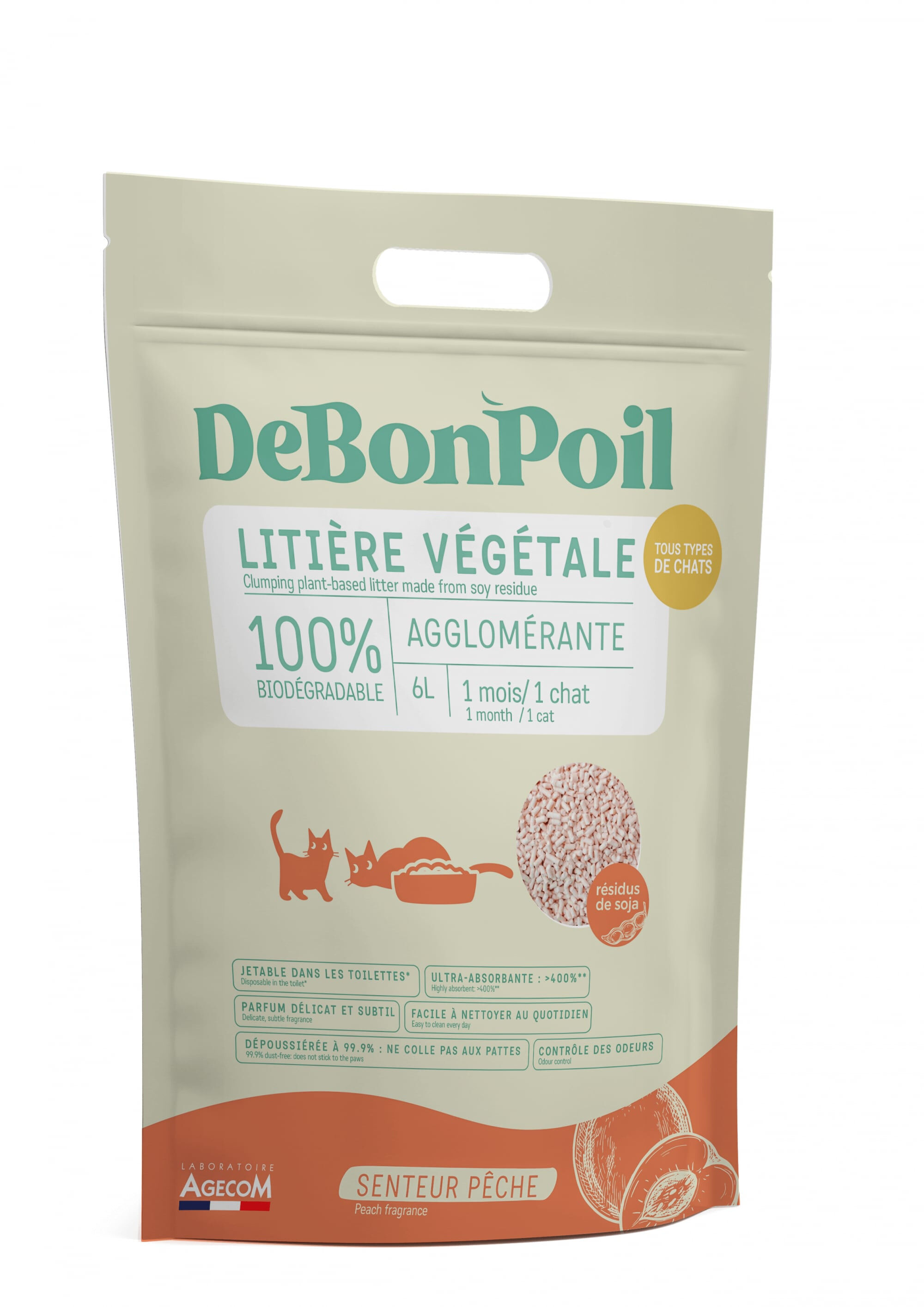 DeBonPoil - Liti&egrave;re V&eacute;g&eacute;tale Agglom&eacute;rante P&ecirc;che pour Chat - 6L/2,8Kg Image num&eacute;ro 2