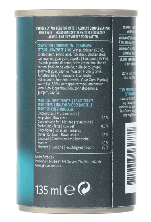 Pets Unlimited - Boîte Delidrink Bouillon au Poulet pour Chat - 135ml Image numéro 2 Pets Unlimited - Boîte Delidrink Bouillon au Poulet pour Chat - 135ml Image numéro 2