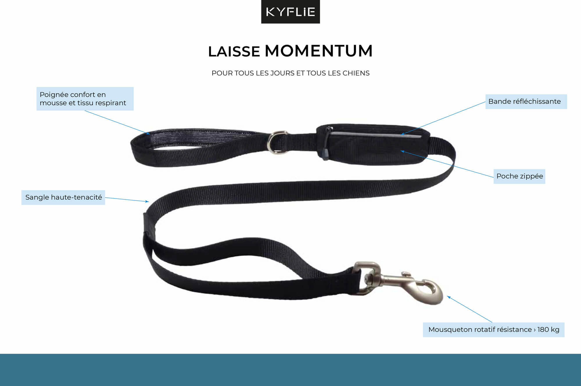 Kyflie - Laisse MOMENTUM Noir pour Chien - 1,10m Image num&eacute;ro 2