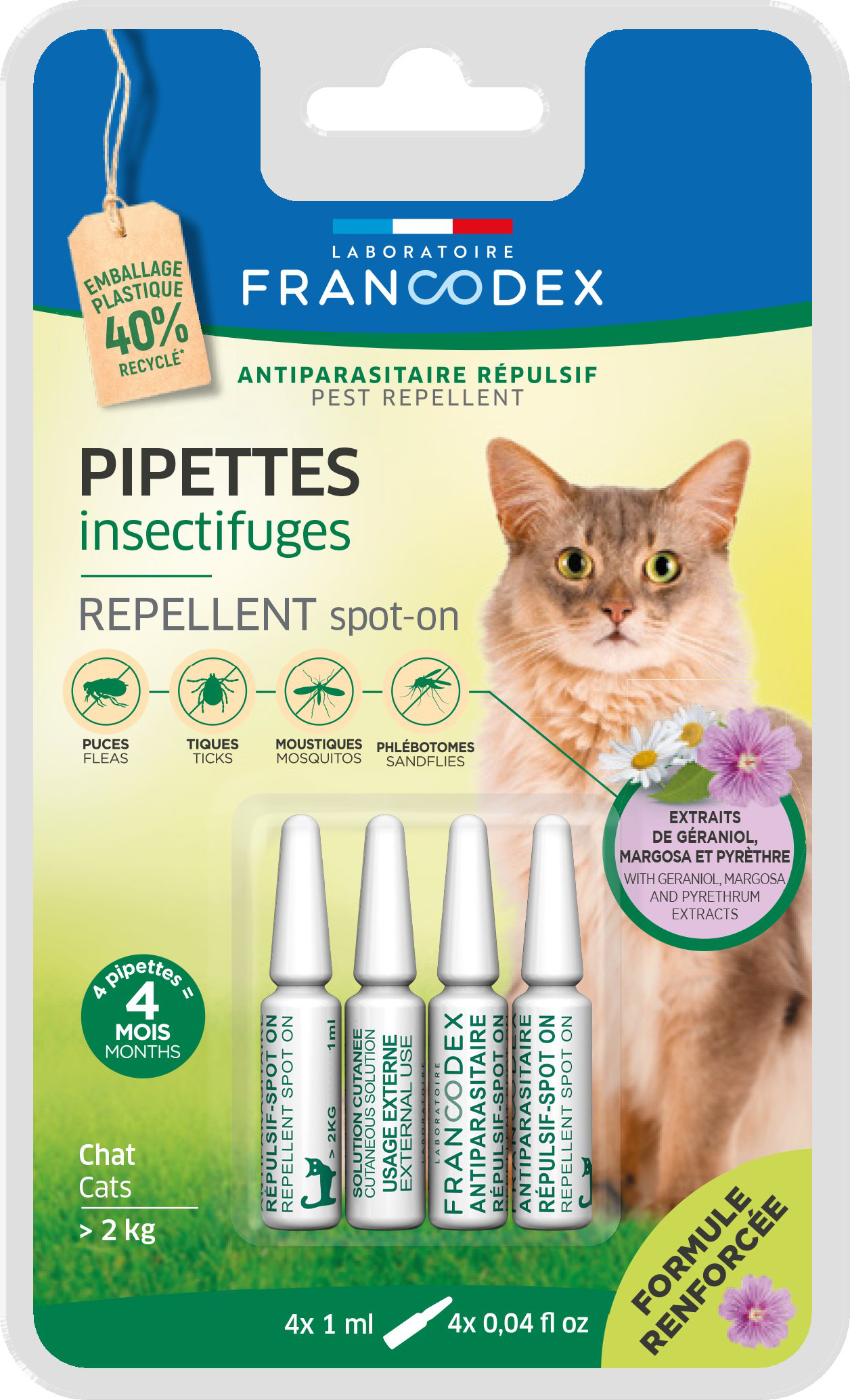 Francodex - Pipettes Antiparasitaires R&eacute;pulsives pour Chats - x4 Image num&eacute;ro 1