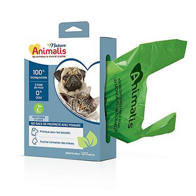 Animalis Nature - Sac de Propreté Biodégradable avec Poignée pour Chien et Chat - x120