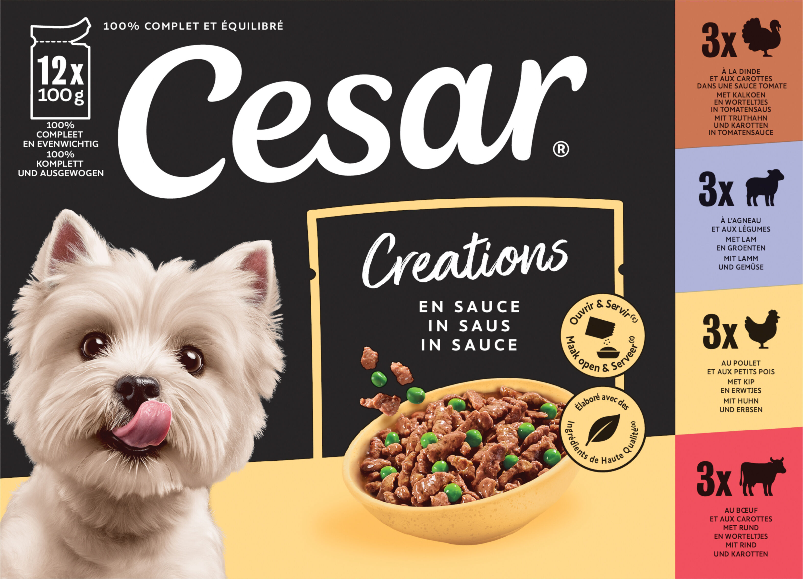 Cesar - P&acirc;t&eacute;e en Sauce 4 Vari&eacute;t&eacute;es Viandes et L&eacute;gumes pour Chiens - 12x100g Image num&eacute;ro 1