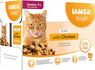 Iams - Boite Sachets Humides Delights Senior au Poulet en Gelée pour Chats - 12x85g