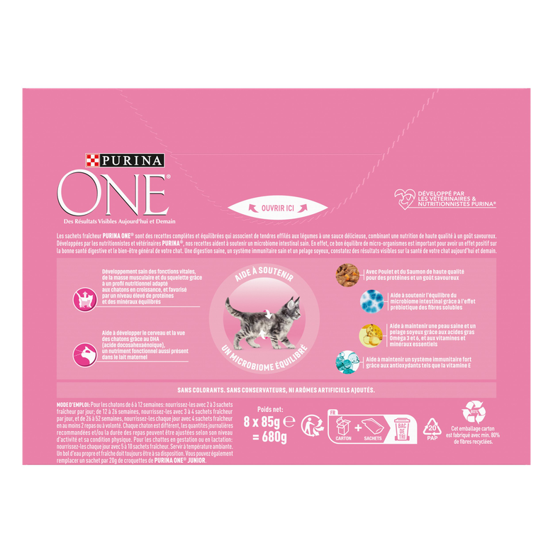 PURINA ONE - Sachets Fraîcheurs en Sauce Saumon et Poulet pour Chatons - 8x85g Image numéro 2 PURINA ONE - Sachets Fraîcheurs en Sauce Saumon et Poulet pour Chatons - 8x85g Image numéro 2