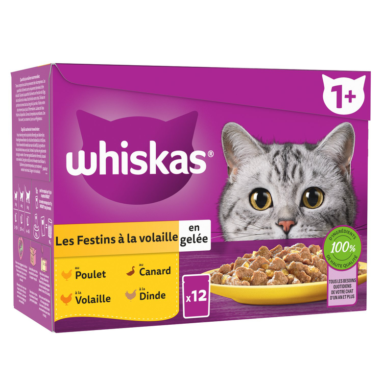 Whiskas - Sachets Fraîcheur Festins à la Volaille en Gelée pour Chats - 12x85g Image numéro 1 Whiskas - Sachets Fraîcheur Festins à la Volaille en Gelée pour Chats - 12x85g Image numéro 1