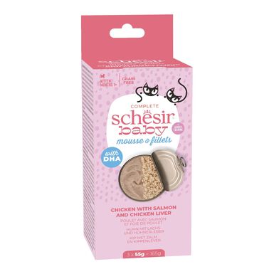 Schesir - Pâtée Baby Mousse Et Filets Poulet avec Saumon et Foie de Poulet - 165g