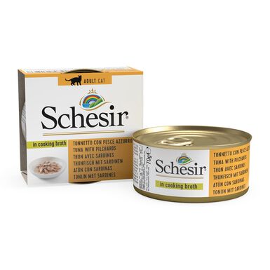 Schesir - Boîte Pâtée au Thon avec Poissons Pelagiques en Bouillon pour Chat - 70g