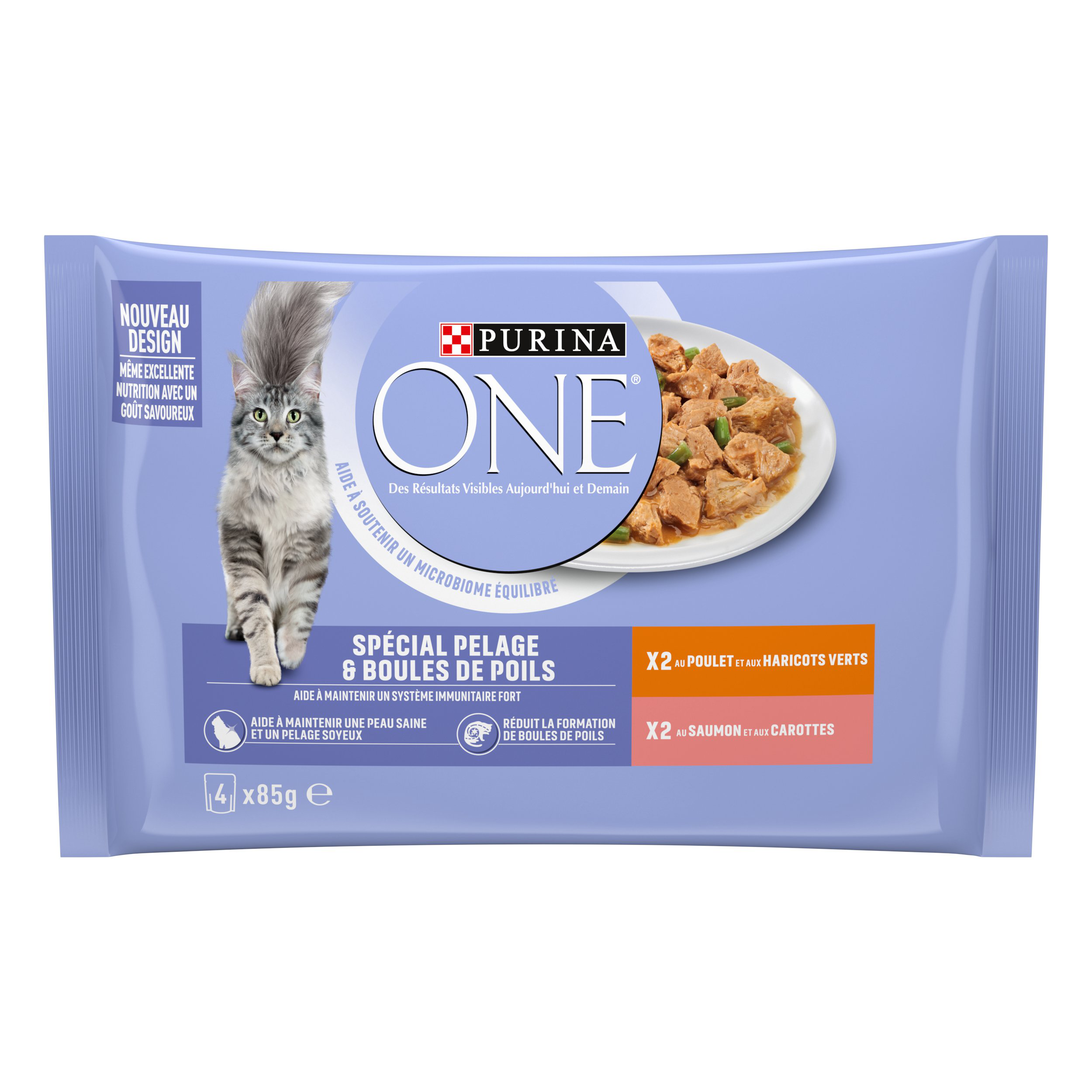 PURINA ONE - Sachets fra&icirc;cheurs Pelage Boules de Poils Saumon et Poulet pour Chats - 4x85g Image num&eacute;ro 1