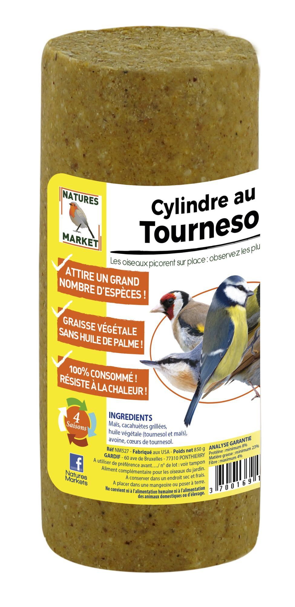 Natures Markets - Cylindre Graisse V&eacute;g&eacute;tale aux Tournesols pour Oiseaux du Ciel - 850g Image num&eacute;ro 1