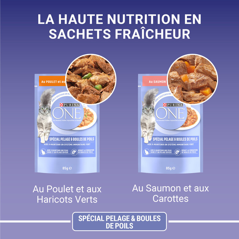 PURINA ONE - Sachets fraîcheurs Pelage Boules de Poils Saumon et Poulet pour Chats - 4x85g image number null