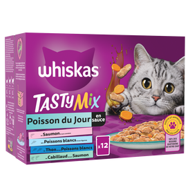 Whiskas - Tasty Mix Sachets Fraîcheur Poisson du Jour en Sauce 4 Variétés pour Chats - 12x85g