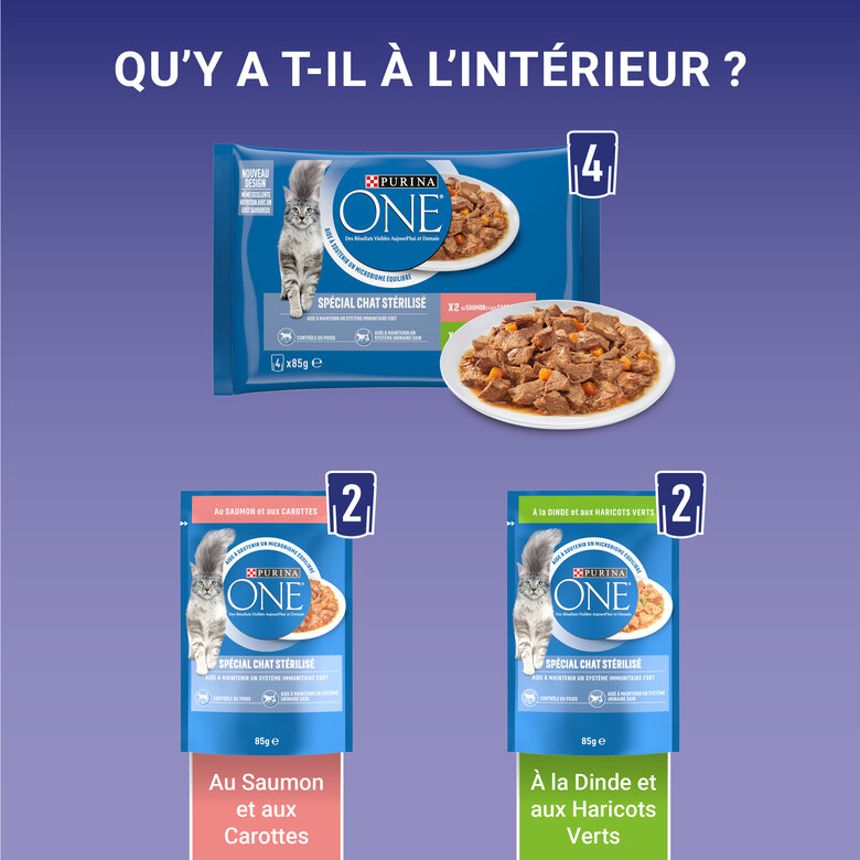 PURINA ONE - Sachets fraîcheurs Saumon et Dinde pour Chats Stérilisés - 4x85g Image numéro 4 PURINA ONE - Sachets fraîcheurs Saumon et Dinde pour Chats Stérilisés - 4x85g Image numéro 4