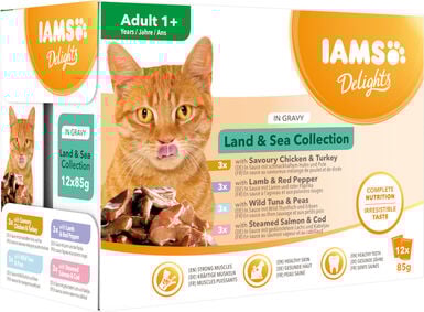 Iams - Boite Sachets Humides Delights Terre & Mer "Land&Sea" en Sauce pour Chats - 12x85g
