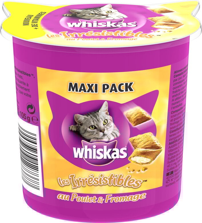 Whiskas - Friandises Les Irrésistibles au Poulet et Fromage pour Chat - 105g Image numéro 1 Whiskas - Friandises Les Irrésistibles au Poulet et Fromage pour Chat - 105g Image numéro 1