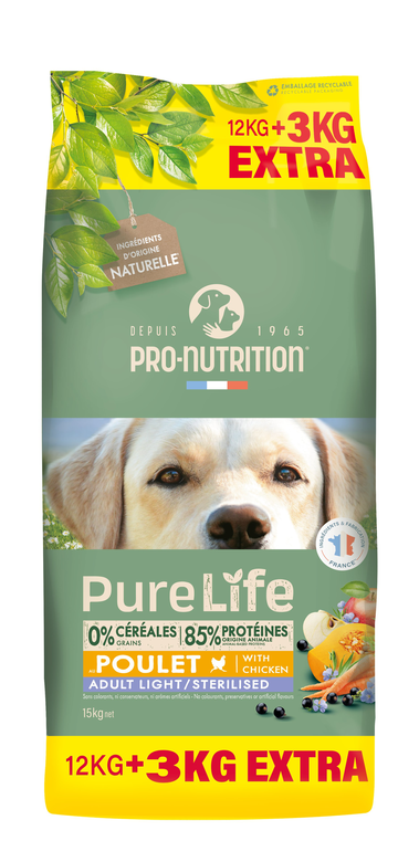 Pro-Nutrition - Croquettes Pure Life Chien Adult Light Sterilised - 12kg + 3kg Offerts image number null