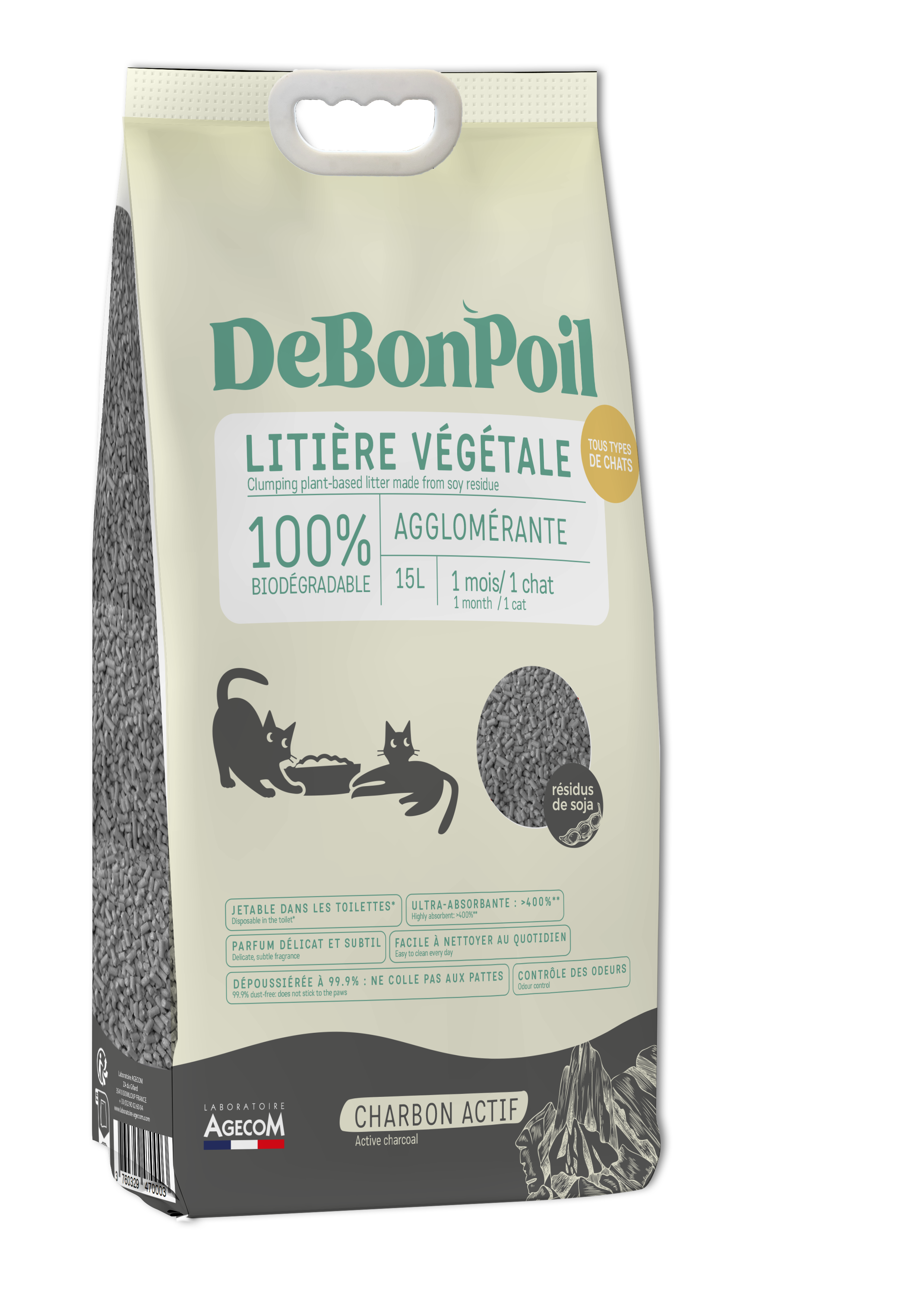 DeBonPoil - Liti&egrave;re V&eacute;g&eacute;tale Agglom&eacute;rante au Charbon pour Chat - 6Kg Image num&eacute;ro 1