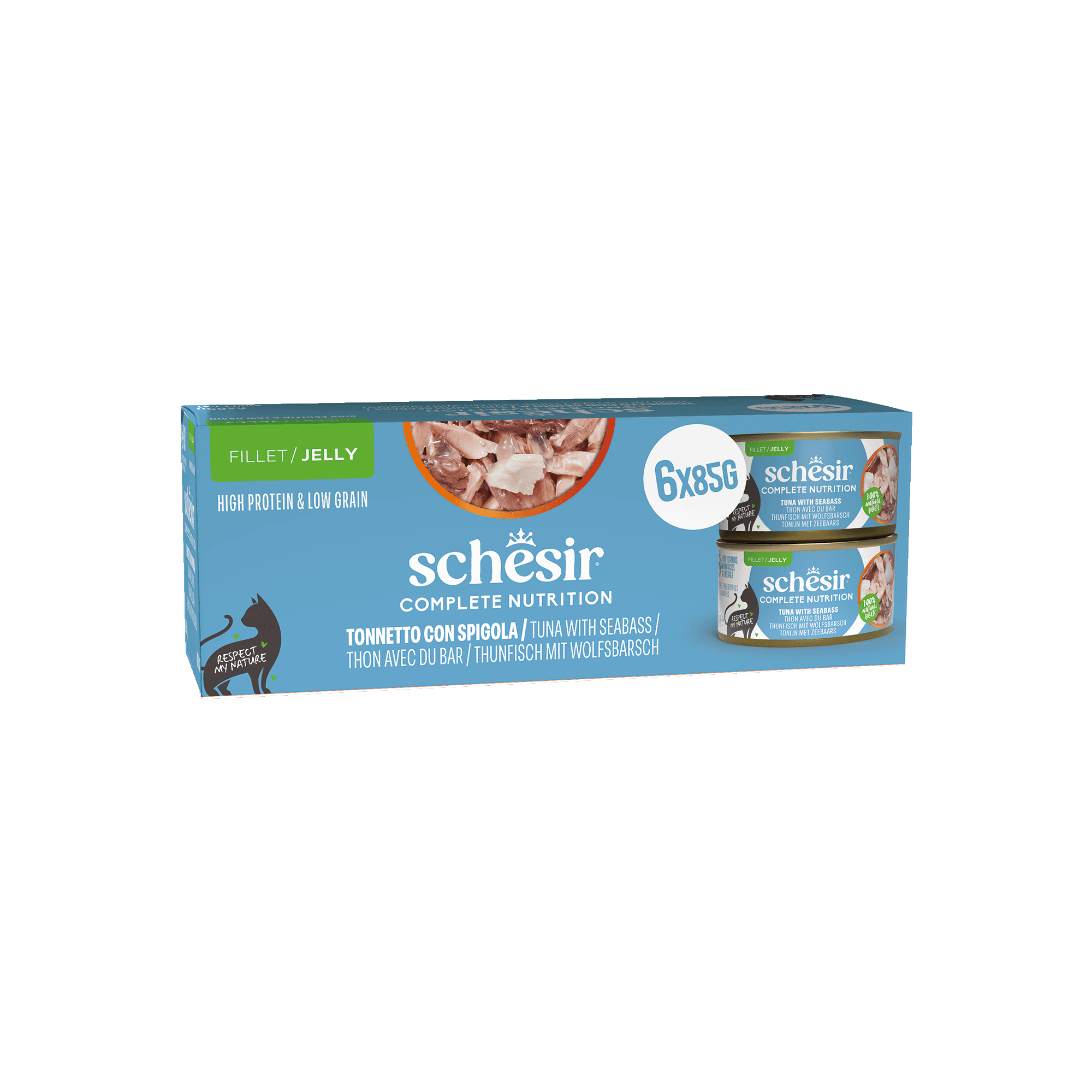 Schesir - P&acirc;t&eacute;e Complete Nutrition en Gel&eacute;e Thon et Bar pour Chats - 6x85g Image num&eacute;ro 1