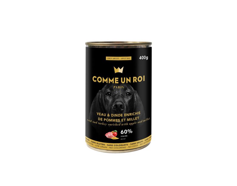 Comme Un Roi - Pâtée au Veau et à la Dinde Enrichis de Pommes et Millet pour Chien - 400g Image numéro 1 Comme Un Roi - Pâtée au Veau et à la Dinde Enrichis de Pommes et Millet pour Chien - 400g Image numéro 1