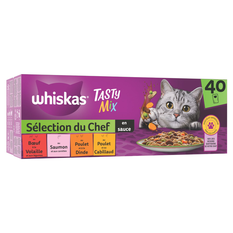 Whiskas - Tasty Mix Sachets fraîcheur Sélection du Chef en sauce pour chat adulte 4 variétés - 40x85g Image numéro 1 Whiskas - Tasty Mix Sachets fraîcheur Sélection du Chef en sauce pour chat adulte 4 variétés - 40x85g Image numéro 1