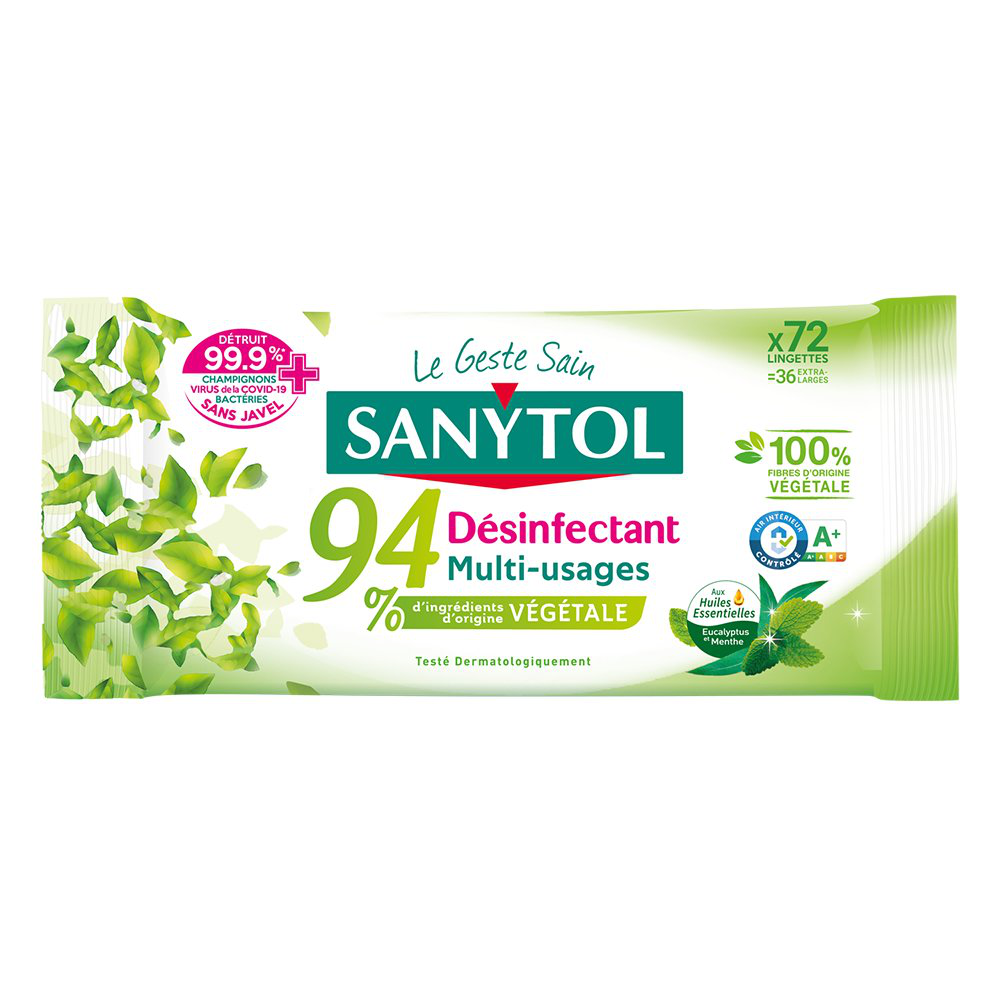 Sanytol - Lingettes D&eacute;sinfectantes Multi-usages Eucalyptus & Menthe - x72 Image num&eacute;ro 1