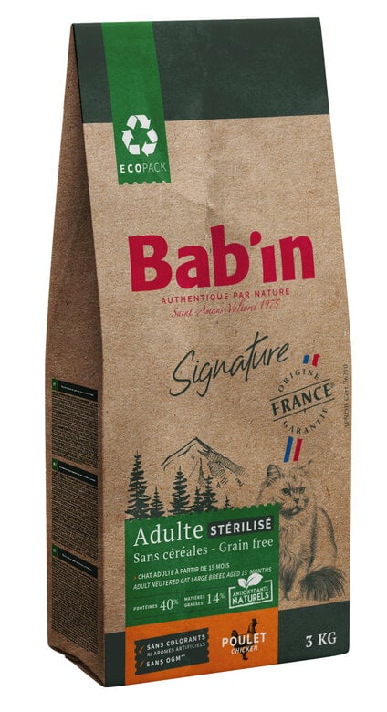 Bab'in - Croquettes sans Céréales au Poulet pour Chats Stérilisés - 3Kg Image numéro 1 Bab'in - Croquettes sans Céréales au Poulet pour Chats Stérilisés - 3Kg Image numéro 1