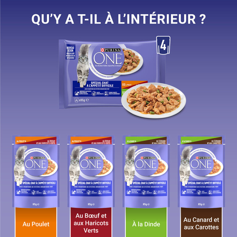 PURINA ONE - Sachets Fraîcheurs Chat difficile en Sauce Bœuf Volaille Légumes pour Chats - 4X85g image number null