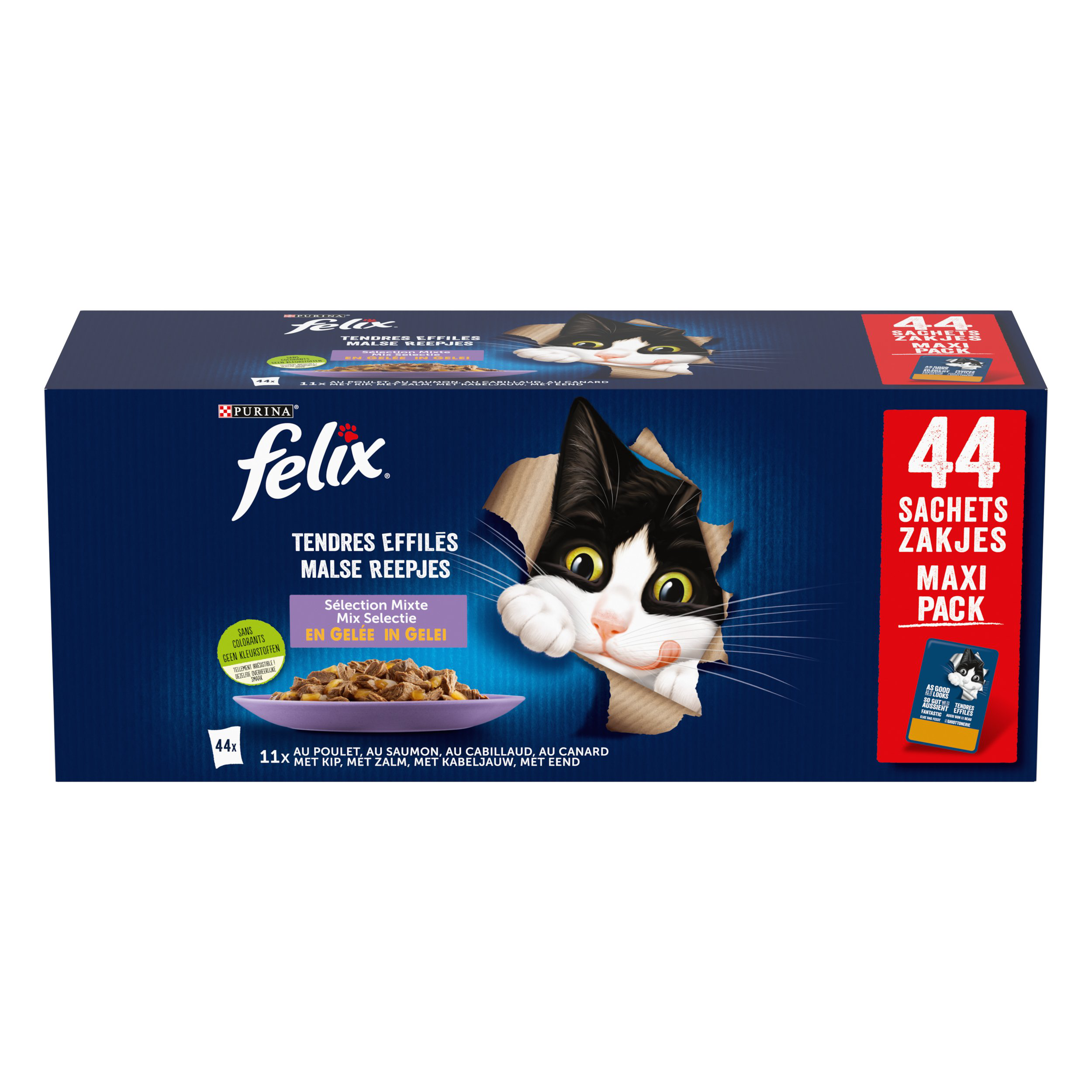 FELIX - Sachets Fra&icirc;cheur Tendres Effil&eacute;s en Gel&eacute;e S&eacute;lection Mixte pour Chats - 44x85g Image num&eacute;ro 1