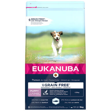Eukanuba - Croquettes Chiot & Junior Sans Céréales Petites et Moyennes Races Riche en Poissons - 3 Kg