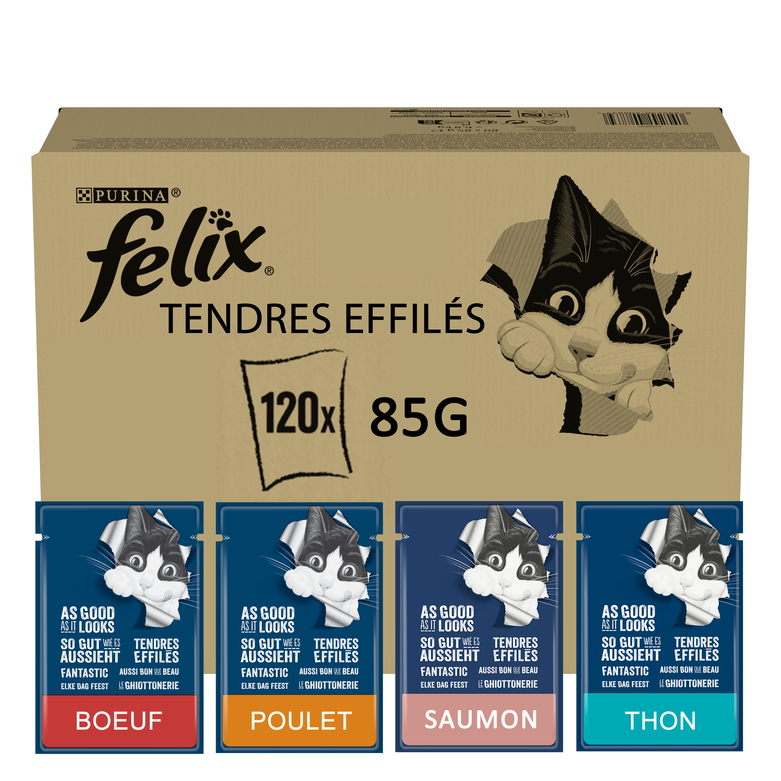 Felix - Tendres Effilés en Gelée Sélection Mixte Bœuf Poulet Thon Saumon - 120x85g