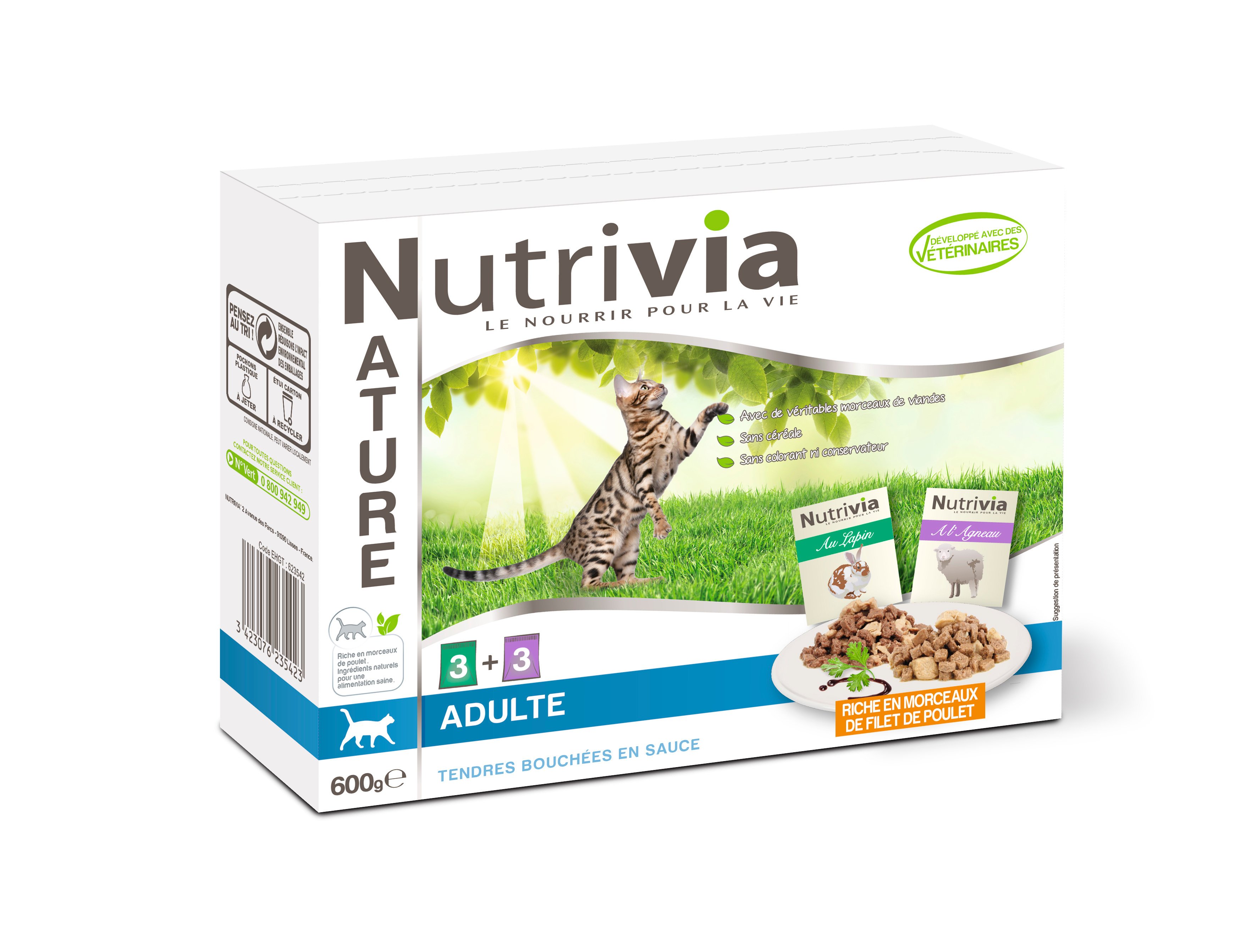 Nutrivia Nature - Sachets Bouchées en Sauce Viande pour Chat - 6x100g